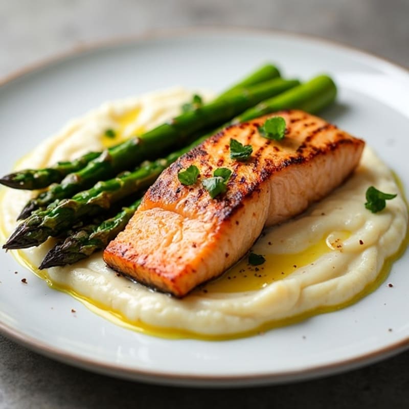 Seared Salmon with Roasted Asparagus and Cauliflower Mash