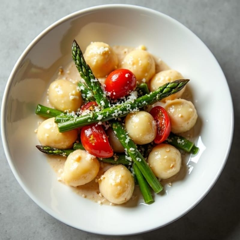 Creamy Ricotta Gnocchi with Roasted Asparagus and Blistered Cherry Tomatoes
