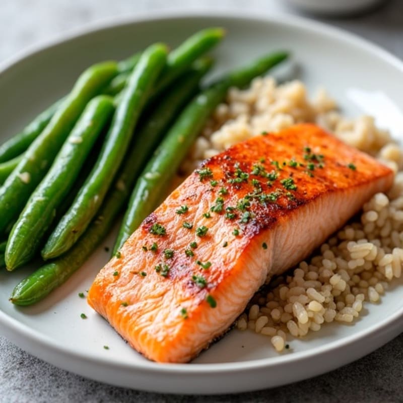 Seared Salmon with Garlic Green Beans and Brown Rice