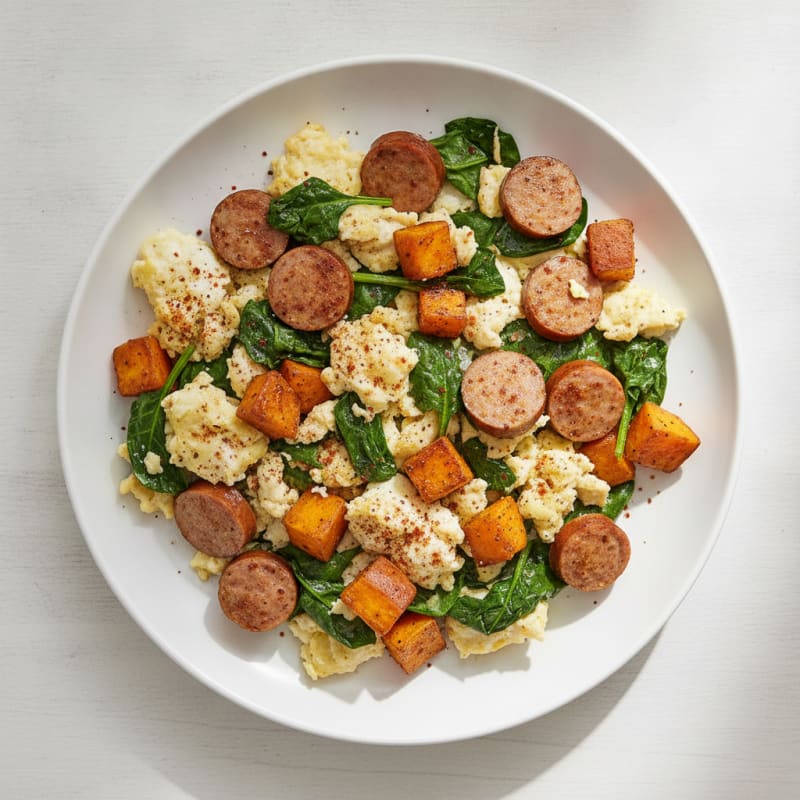 Egg White and Turkey Sausage Scramble with Sautéed Spinach and Sweet Potato