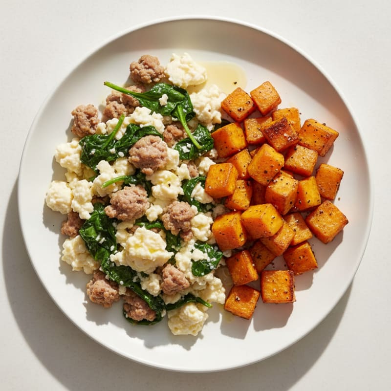 Egg White and Turkey Sausage Scramble with Spinach and Roasted Sweet Potatoes