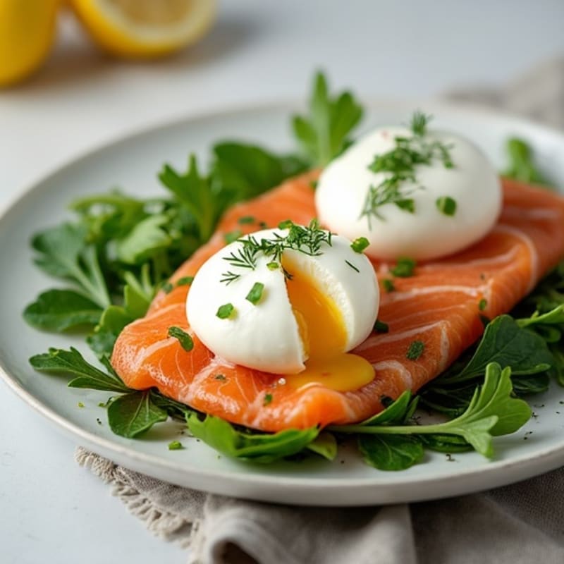 Smoked Salmon Poached Eggs with Fresh Greens and Creamy Lemon-Dill Sauce