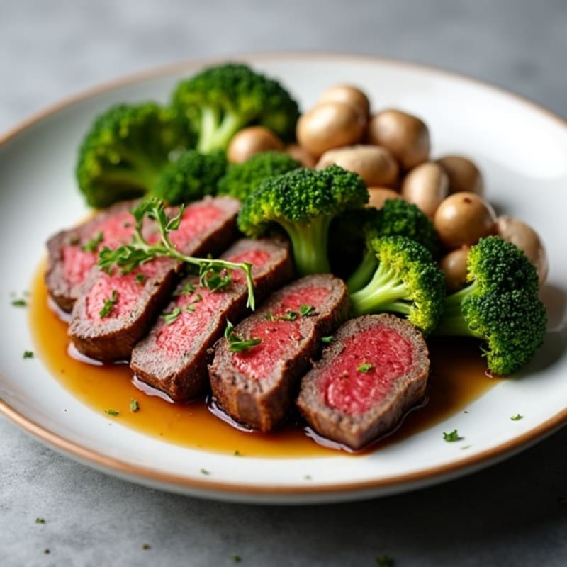 Seared Lean Beef with Roasted Broccoli and Garlic Mushrooms