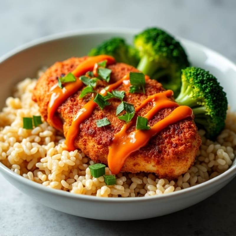 Crispy Buffalo Chicken Bowl with Brown Rice and Roasted Broccoli