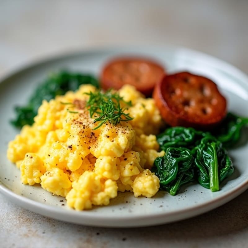 Fluffy Scrambled Eggs with Sautéed Spinach and Crispy Turkey Sausage