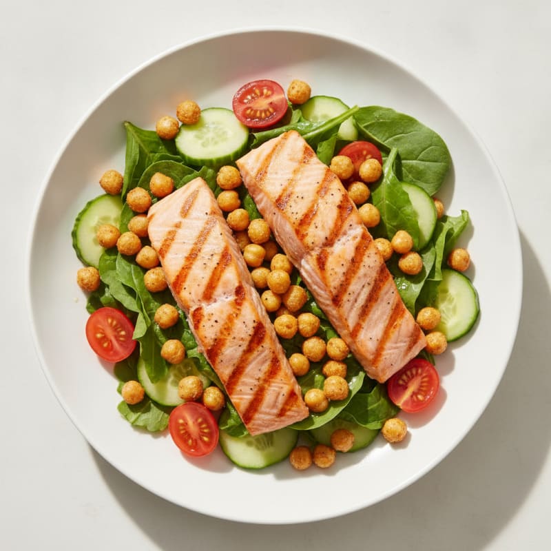 Crispy Chickpea and Grilled Salmon Salad