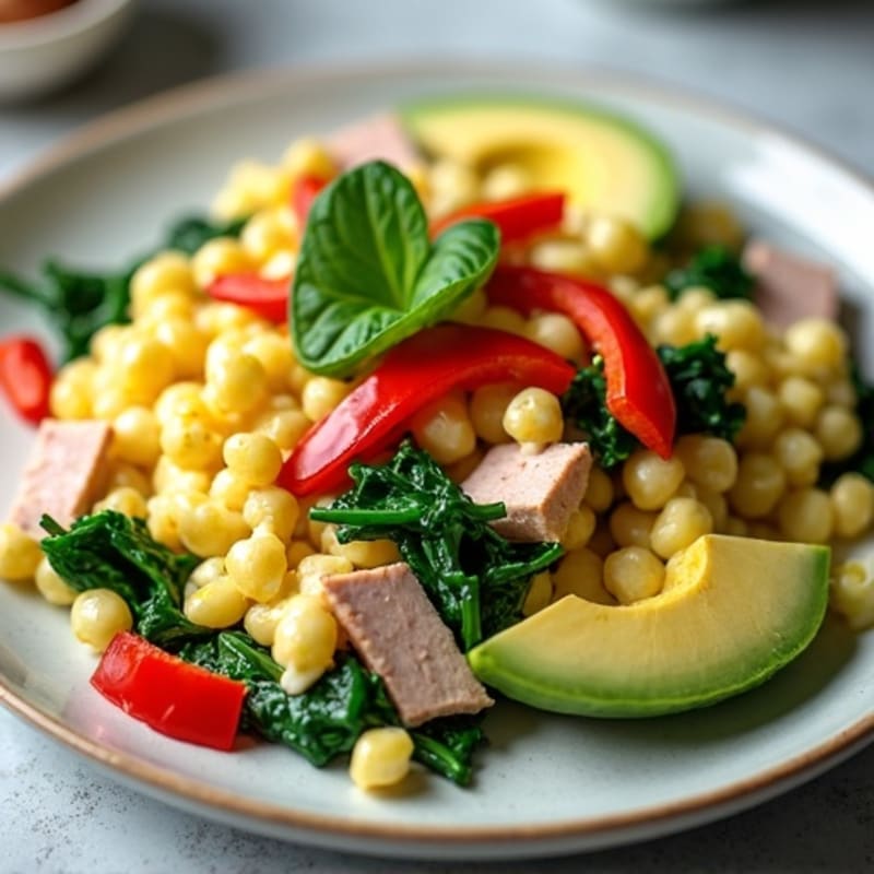 Cottage Cheese Scramble with Smoked Turkey and Sautéed Spinach