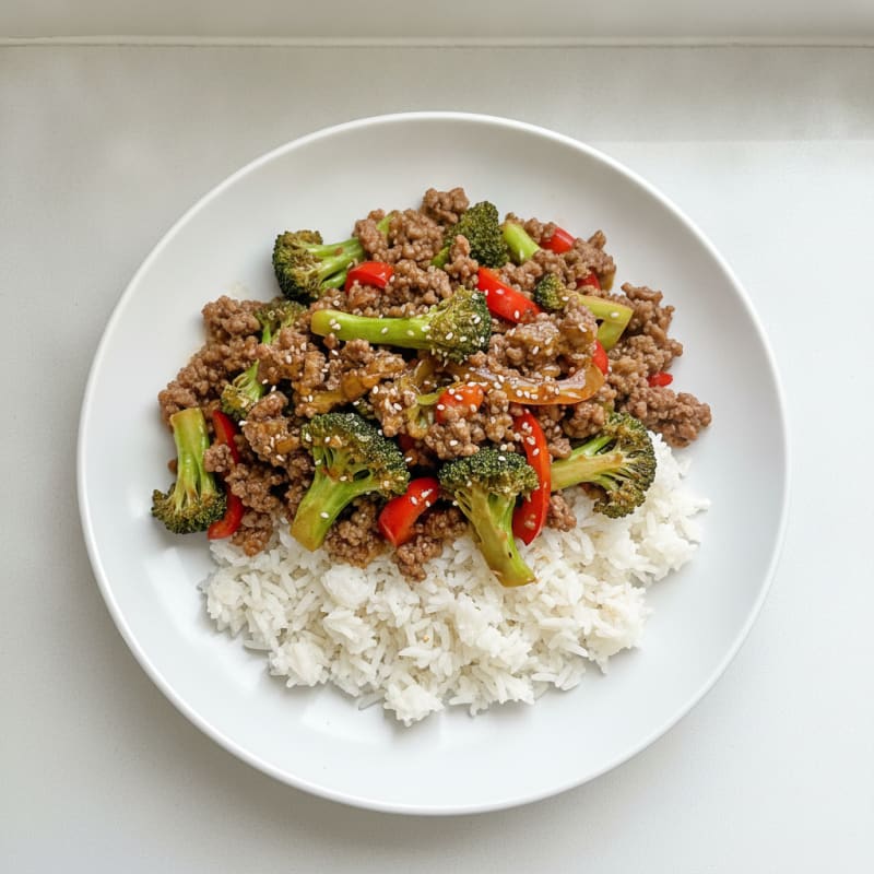 Ground Beef and Vegetable Stir Fry with Jasmine Rice