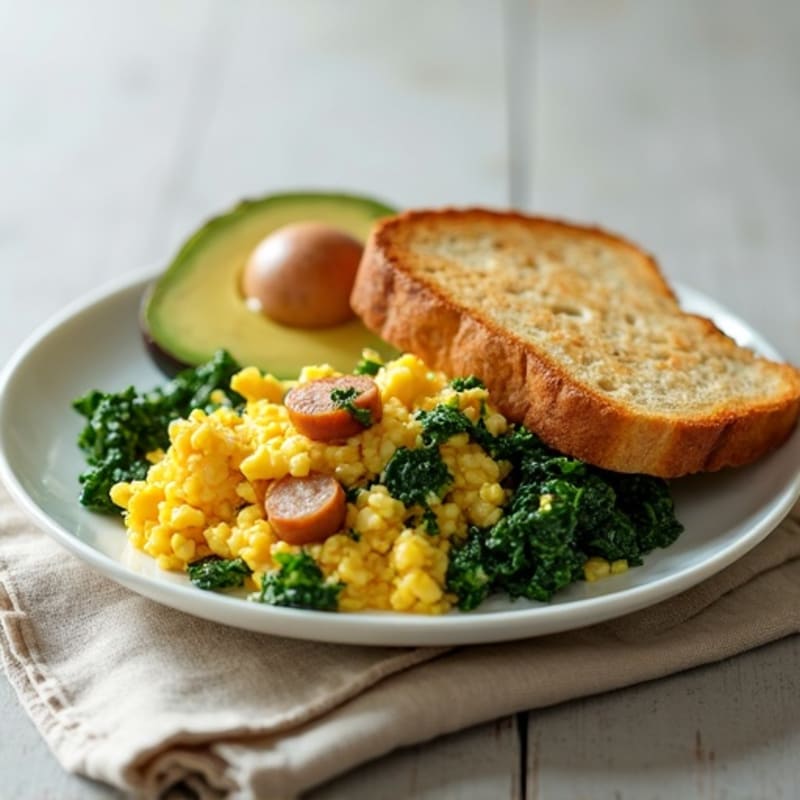 Egg White and Turkey Sausage Scramble with Sautéed Spinach