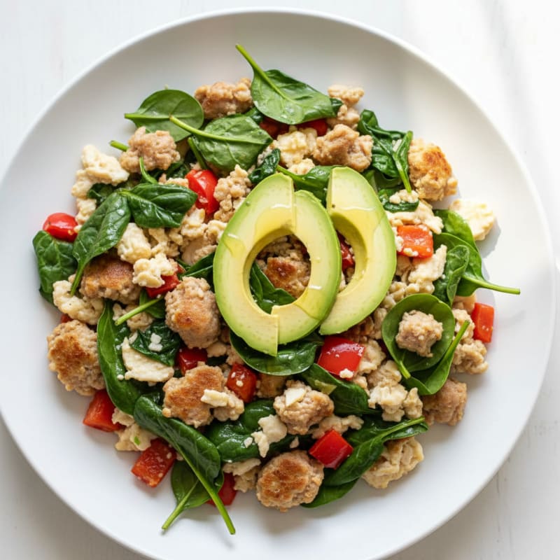 Egg White and Turkey Sausage Scramble with Spinach and Bell Peppers
