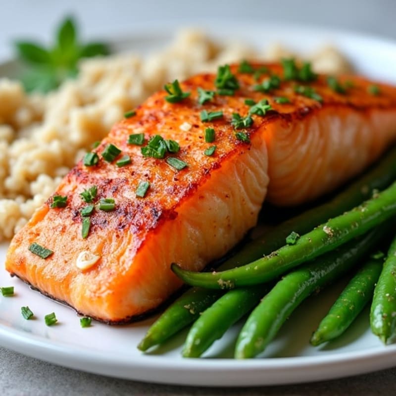 Seared Salmon with Garlic Green Beans and Brown Rice