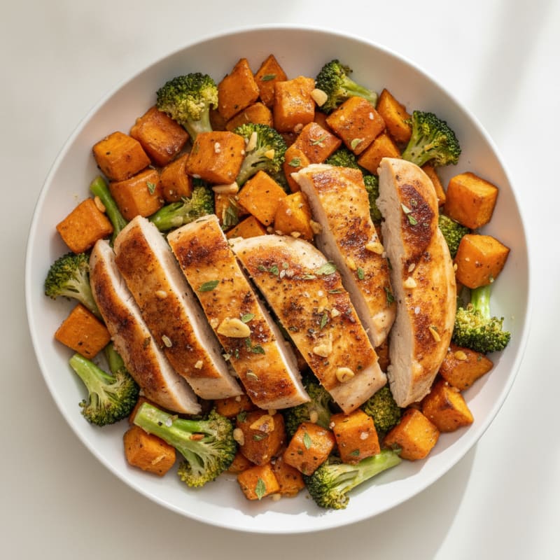 Roasted Chicken and Sweet Potatoes with Broccoli