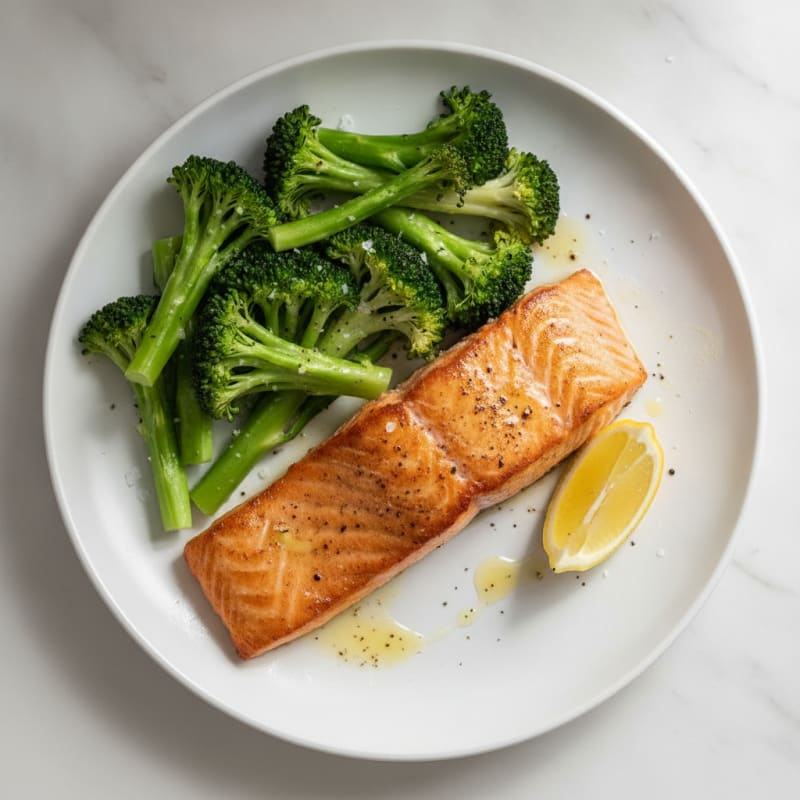 Seared Salmon Fillet with Steamed Broccoli and Lemon