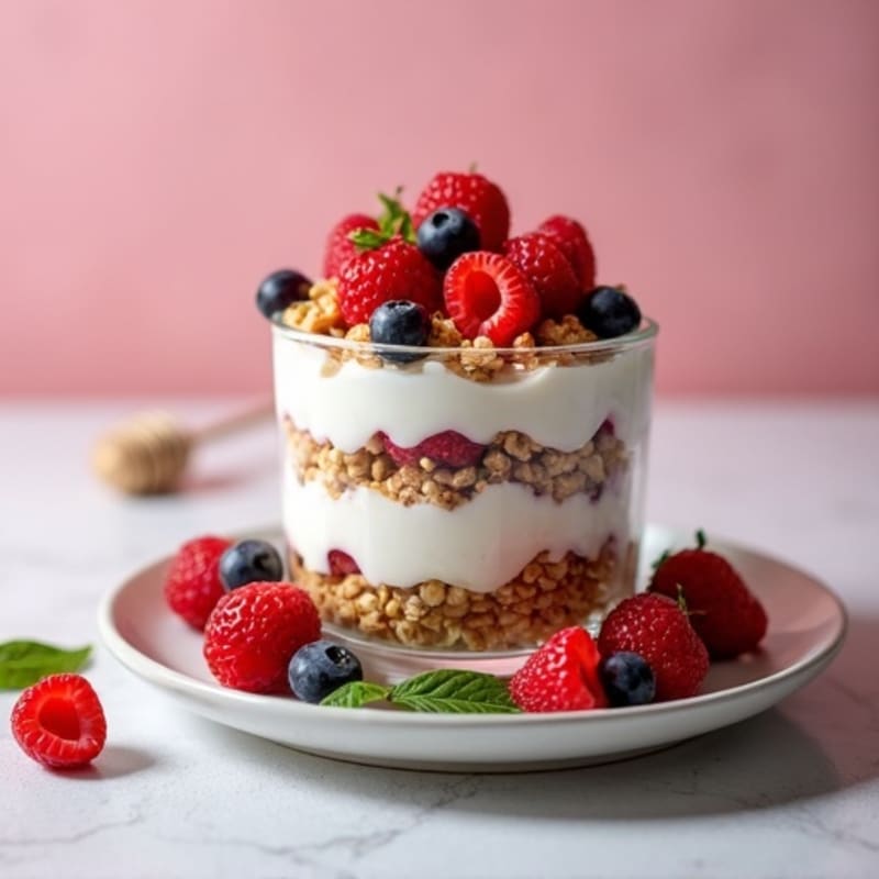 Greek Yogurt Parfait with Crunchy Almond Granola and Fresh Berries