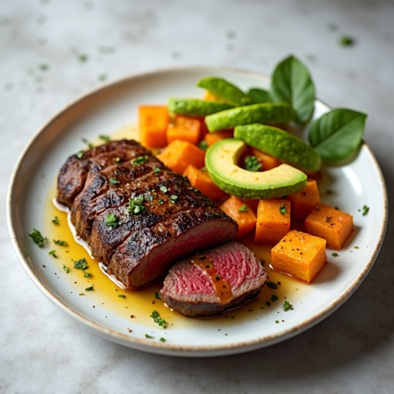 Seared Beef with Roasted Sweet Potatoes and Avocado Slices