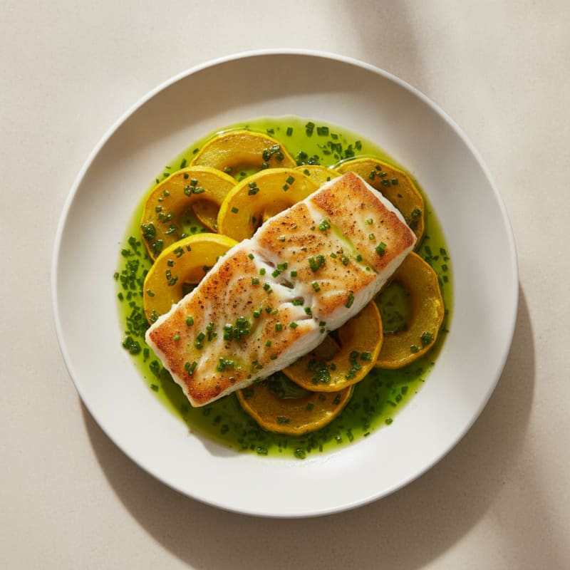 Seared Cod with Roasted Yellow Squash and Chive Oil