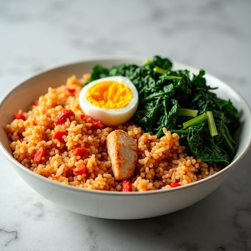Healthy Kimchi Fried Rice with Chicken and Sautéed Greens