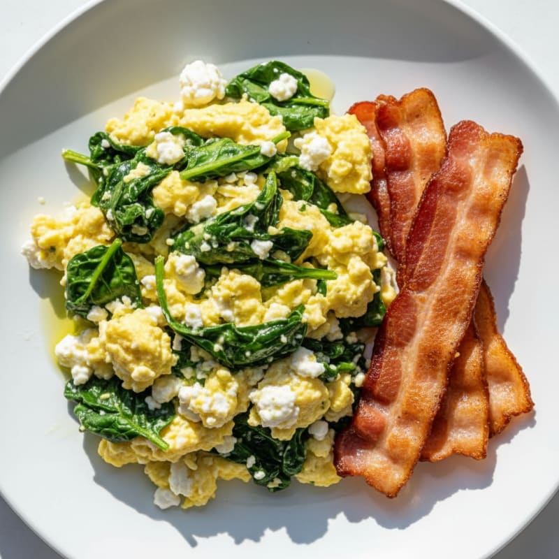 Cottage Cheese Egg Scramble with Spinach and Turkey Bacon