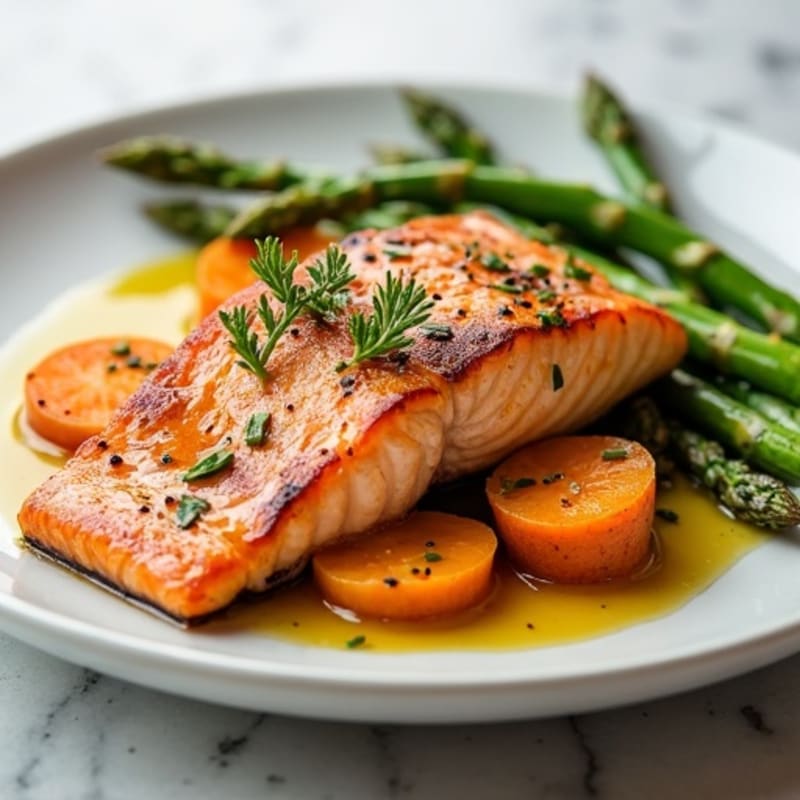 Seared Salmon with Roasted Sweet Potato and Asparagus