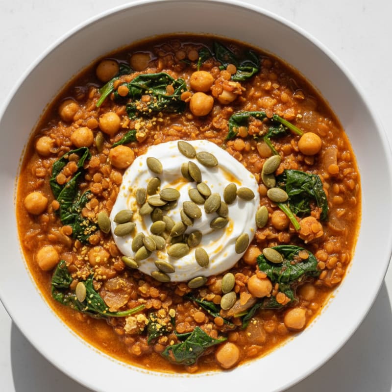 Silky Lentil and Chickpea Stew with Spinach and Toasted Pumpkin Seeds