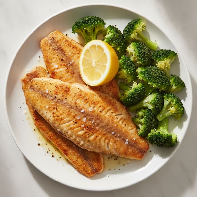 Pan-Seared Catfish with Steamed Broccoli and Lemon