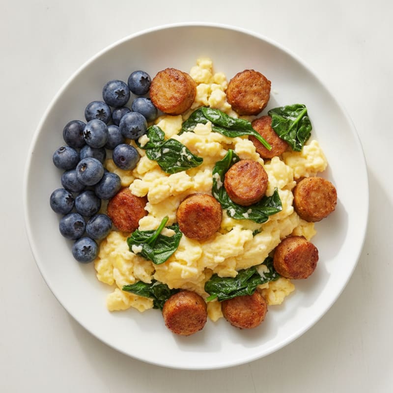 Scrambled Eggs with Chicken Sausage and Sautéed Spinach