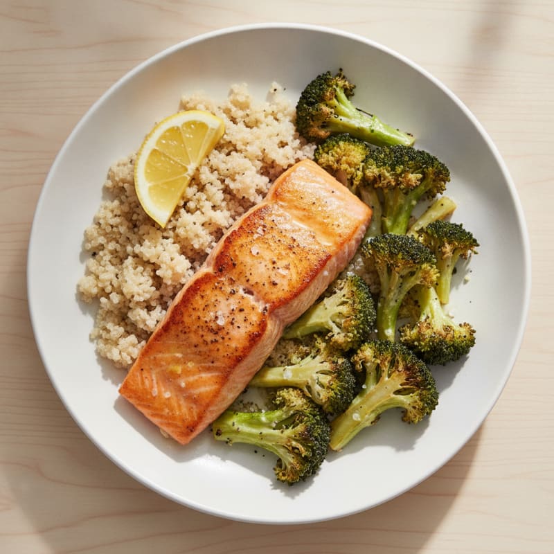 Seared Salmon with Roasted Broccoli and Quinoa