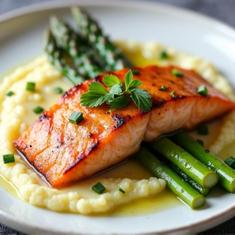 Seared Salmon with Steamed Asparagus and Cauliflower Mash
