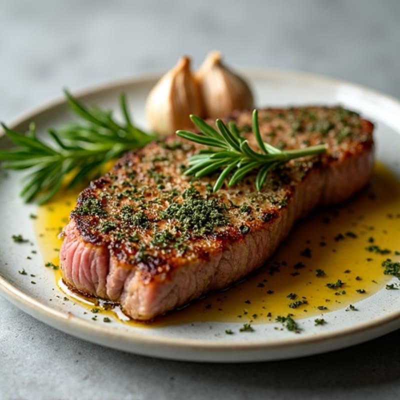 Herb-Crusted Pan-Seared Steak with Roasted Garlic