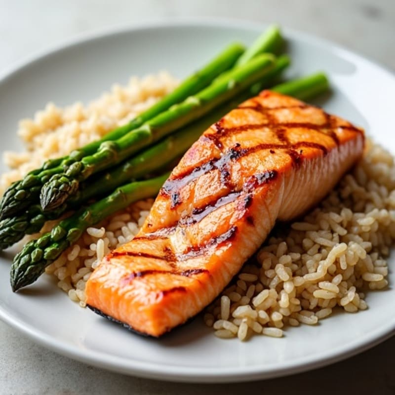 Grilled Salmon with Steamed Asparagus and Brown Rice