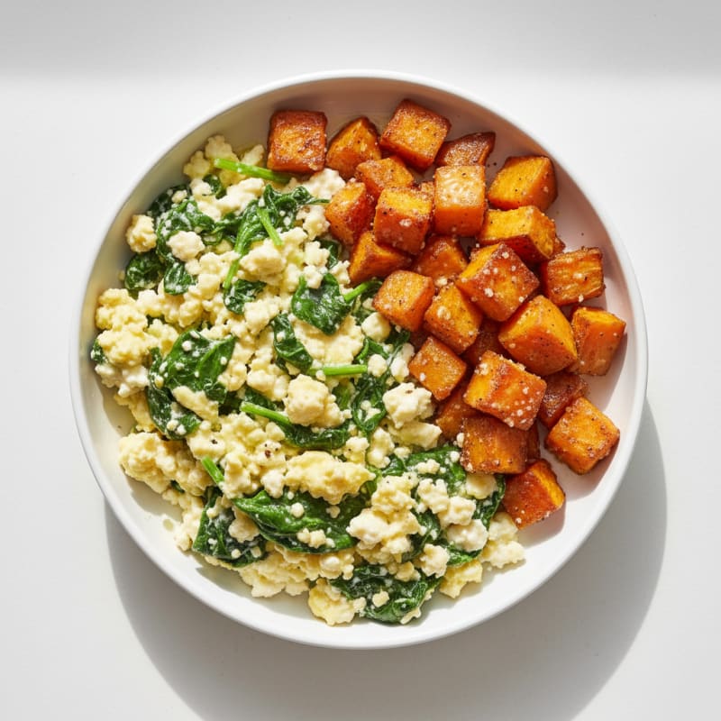 Cottage Cheese Scramble with Spinach and Roasted Sweet Potato