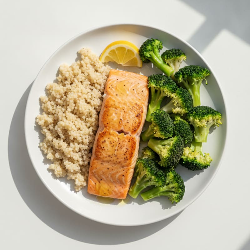 Seared Salmon with Steamed Broccoli and Quinoa