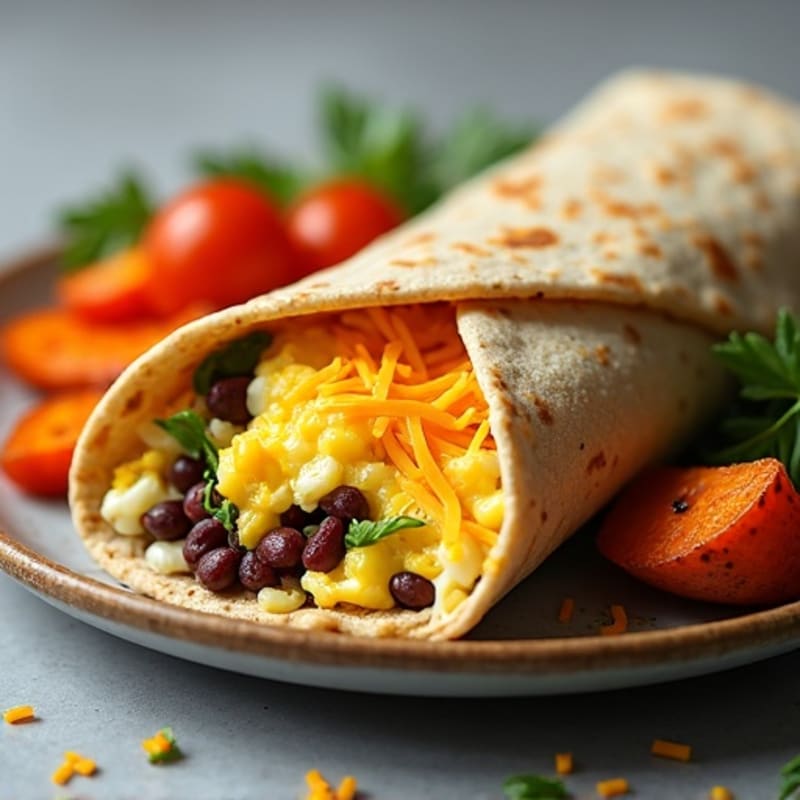 Hearty Egg and Black Bean Breakfast Burrito with Crispy Roasted Sweet Potatoes