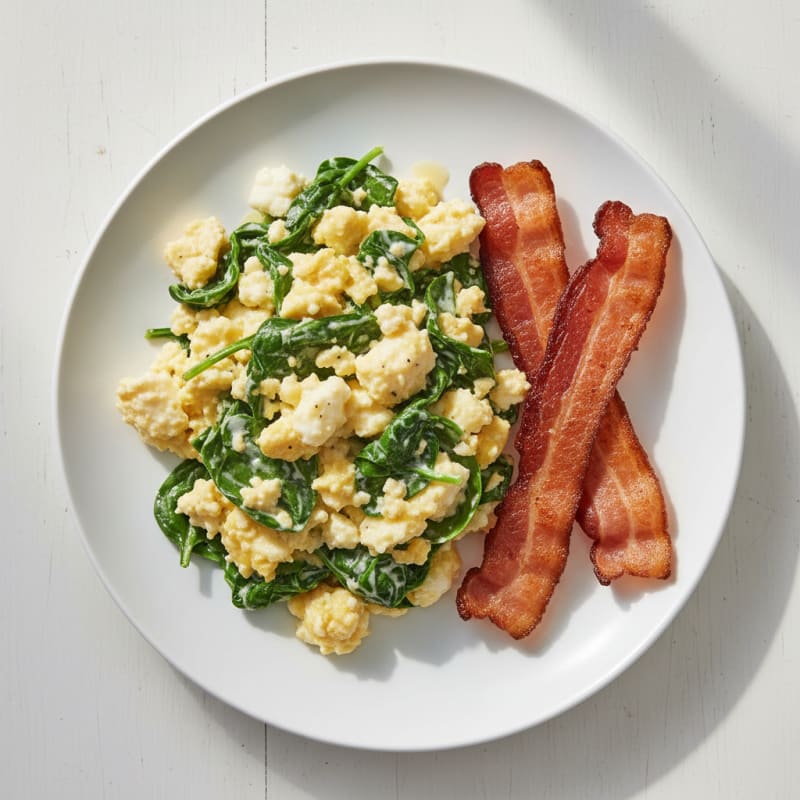 Cottage Cheese Egg Scramble with Spinach and Turkey Bacon