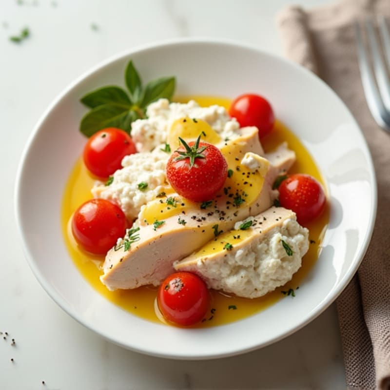 Cottage Cheese with Sliced Chicken Breast and Cherry Tomatoes