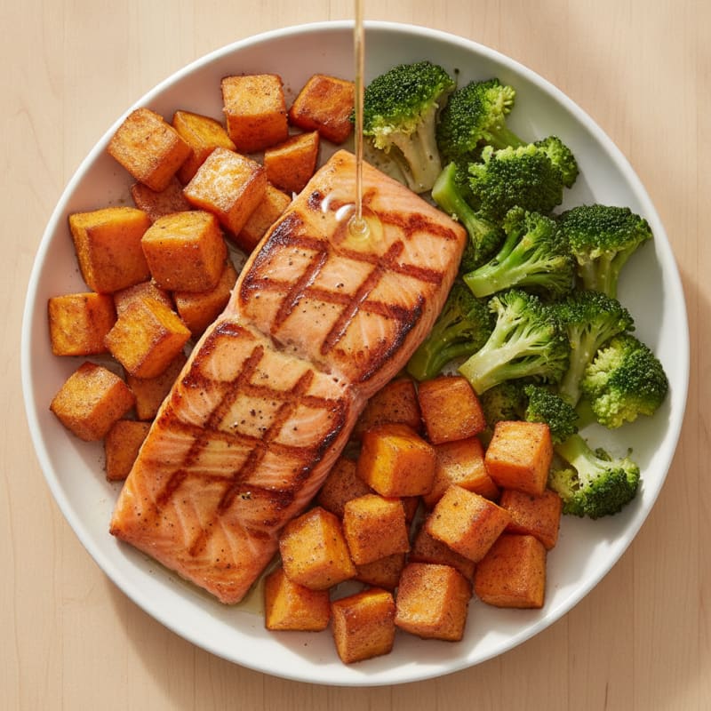 Grilled Salmon with Roasted Sweet Potato and Steamed Broccoli