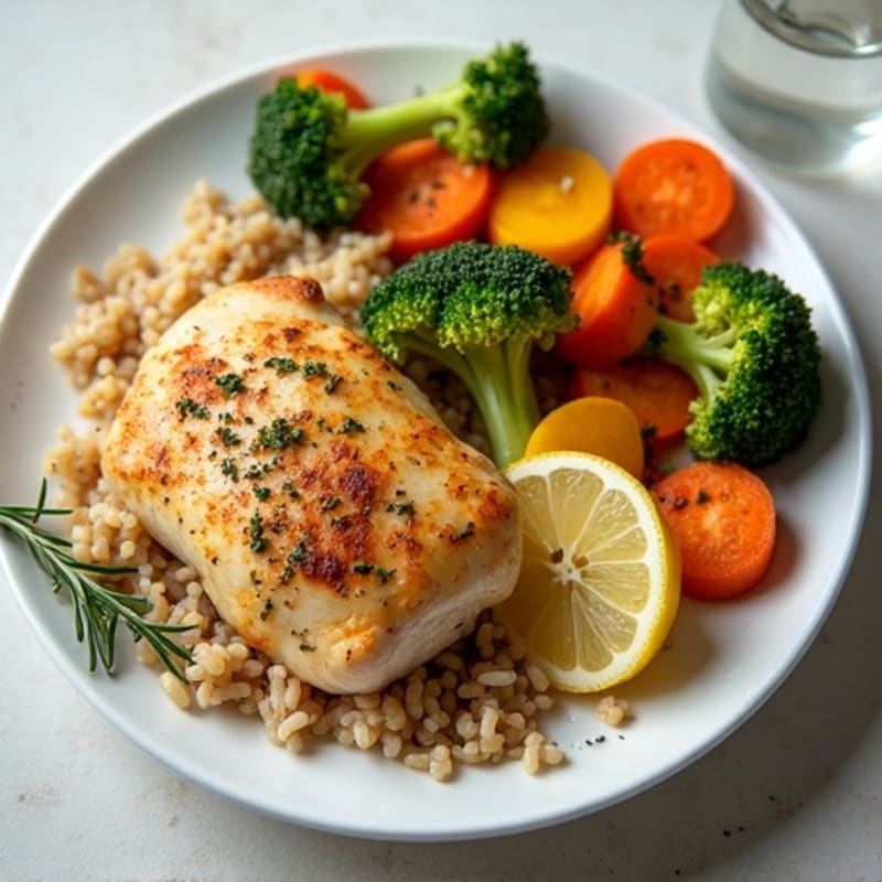 Lemon-Herb Roasted Chicken with Brown Rice and Roasted Vegetables