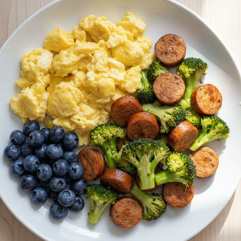 Scrambled Eggs with Chicken Sausage and Sautéed Broccoli