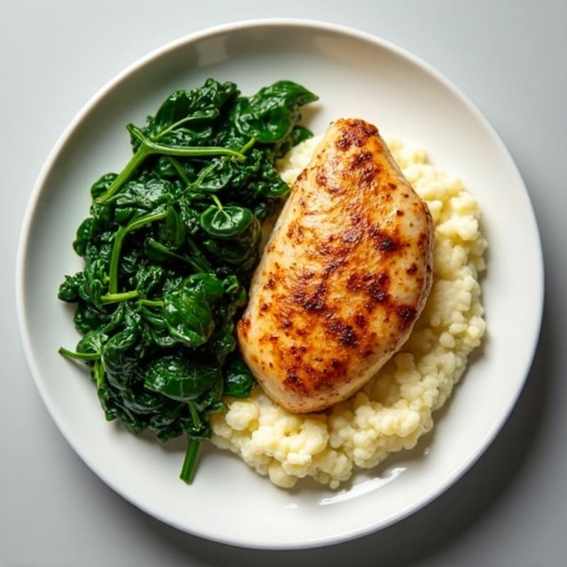 Pan-Seared Chicken with Sautéed Greens and Creamy Cauliflower Mash