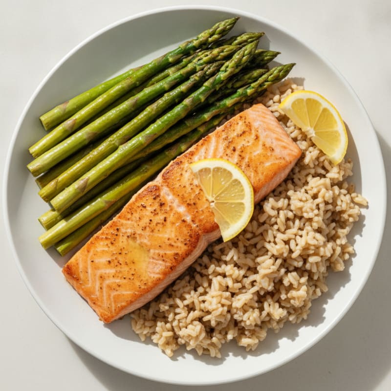 Seared Salmon with Steamed Asparagus and Brown Rice