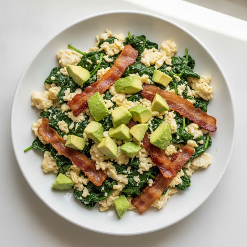 Crispy Turkey Bacon and Egg White Scramble with Sautéed Spinach