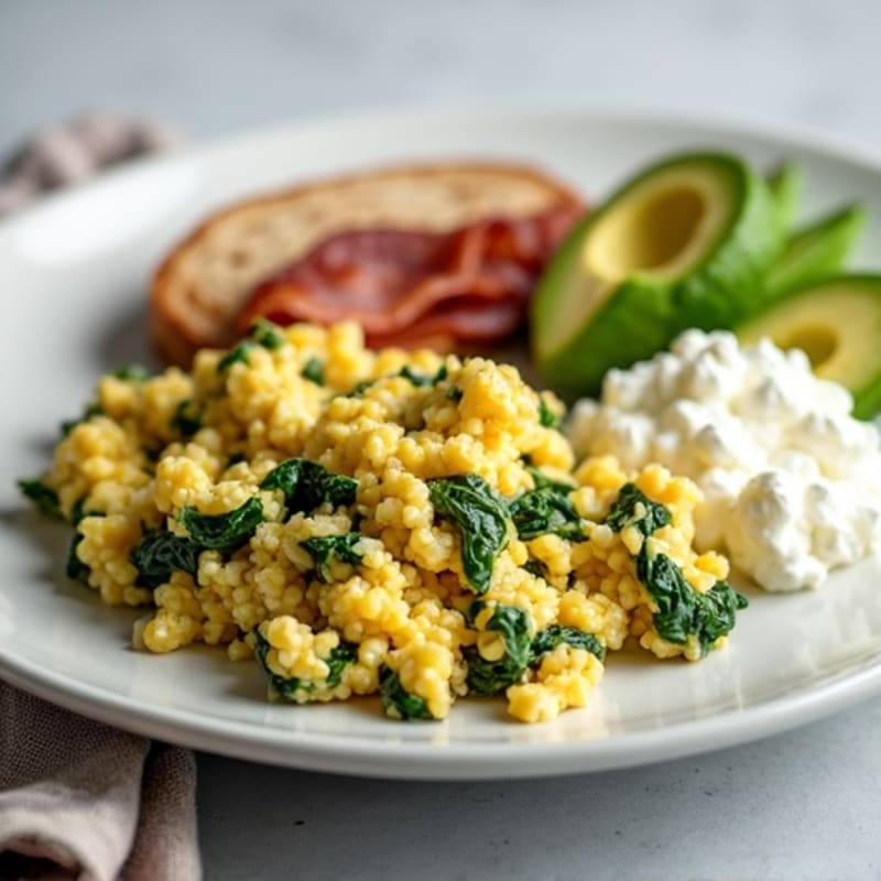 Egg White and Spinach Scramble with Cottage Cheese and Turkey Bacon