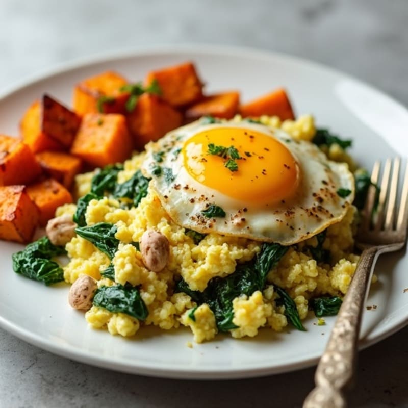 Egg White and Turkey Spinach Scramble with Roasted Sweet Potato