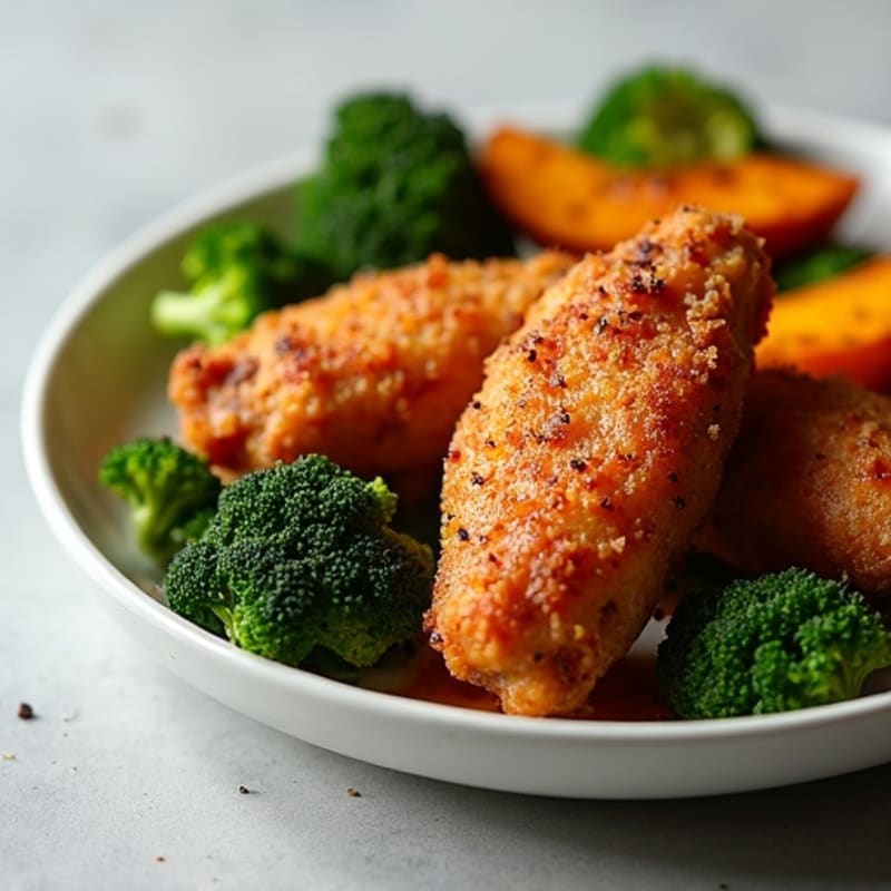 Crispy Air-Fried Chicken Wings with Roasted Broccoli and Sweet Potato Wedges