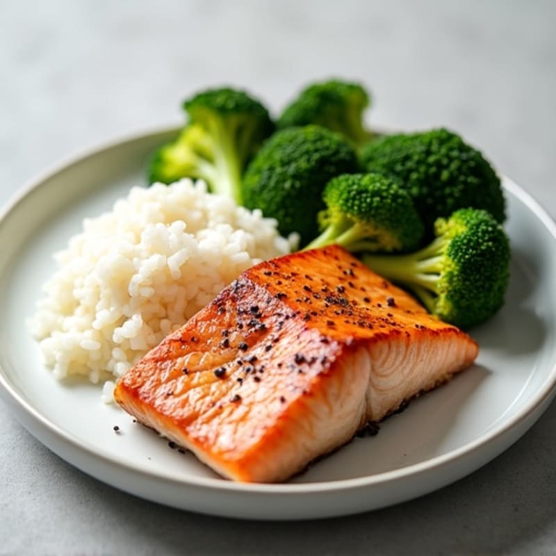 Seared Salmon with Steamed Rice and Broccoli