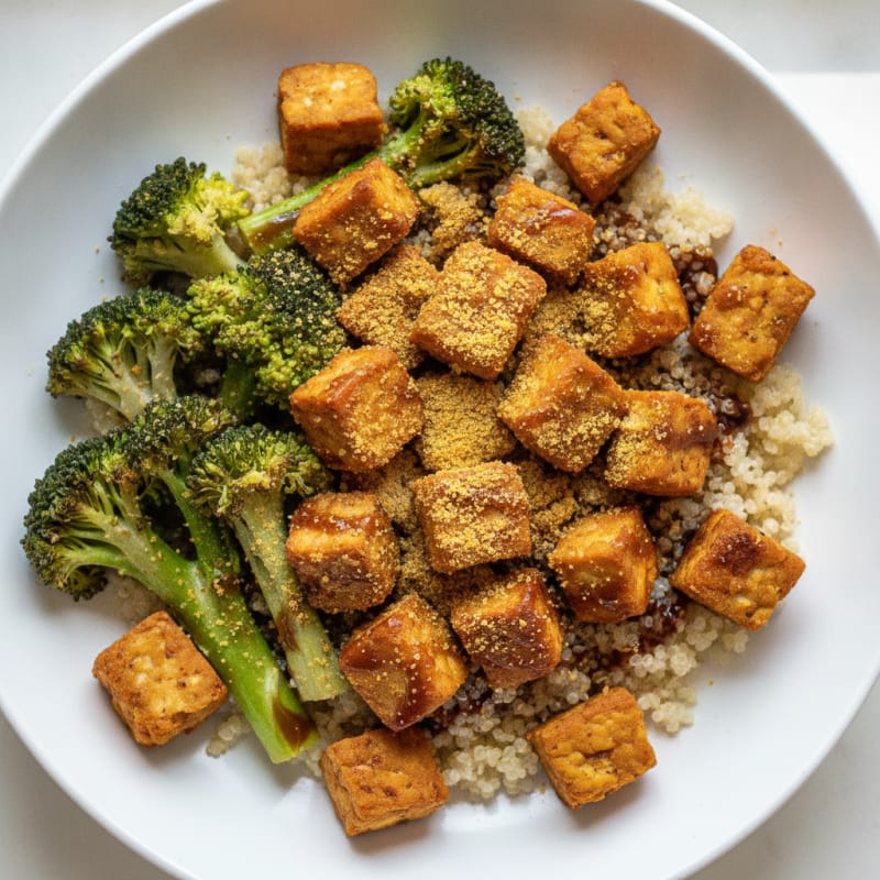 Crispy Tempeh Power Bowl with Quinoa and Roasted Broccoli