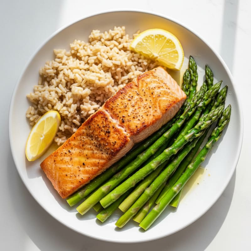 Seared Salmon with Steamed Asparagus and Brown Rice