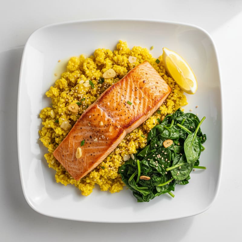 Seared Salmon with Turmeric Cauliflower Rice and Wilted Spinach
