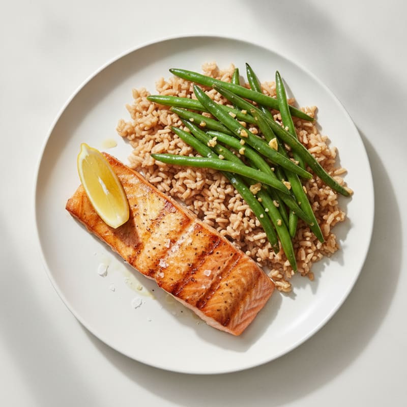 Seared Salmon Fillet with Garlic Green Beans and Brown Rice