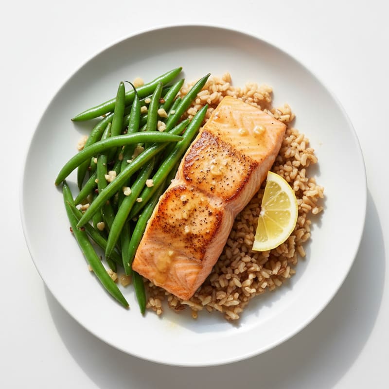 Seared Salmon with Garlic Green Beans and Brown Rice